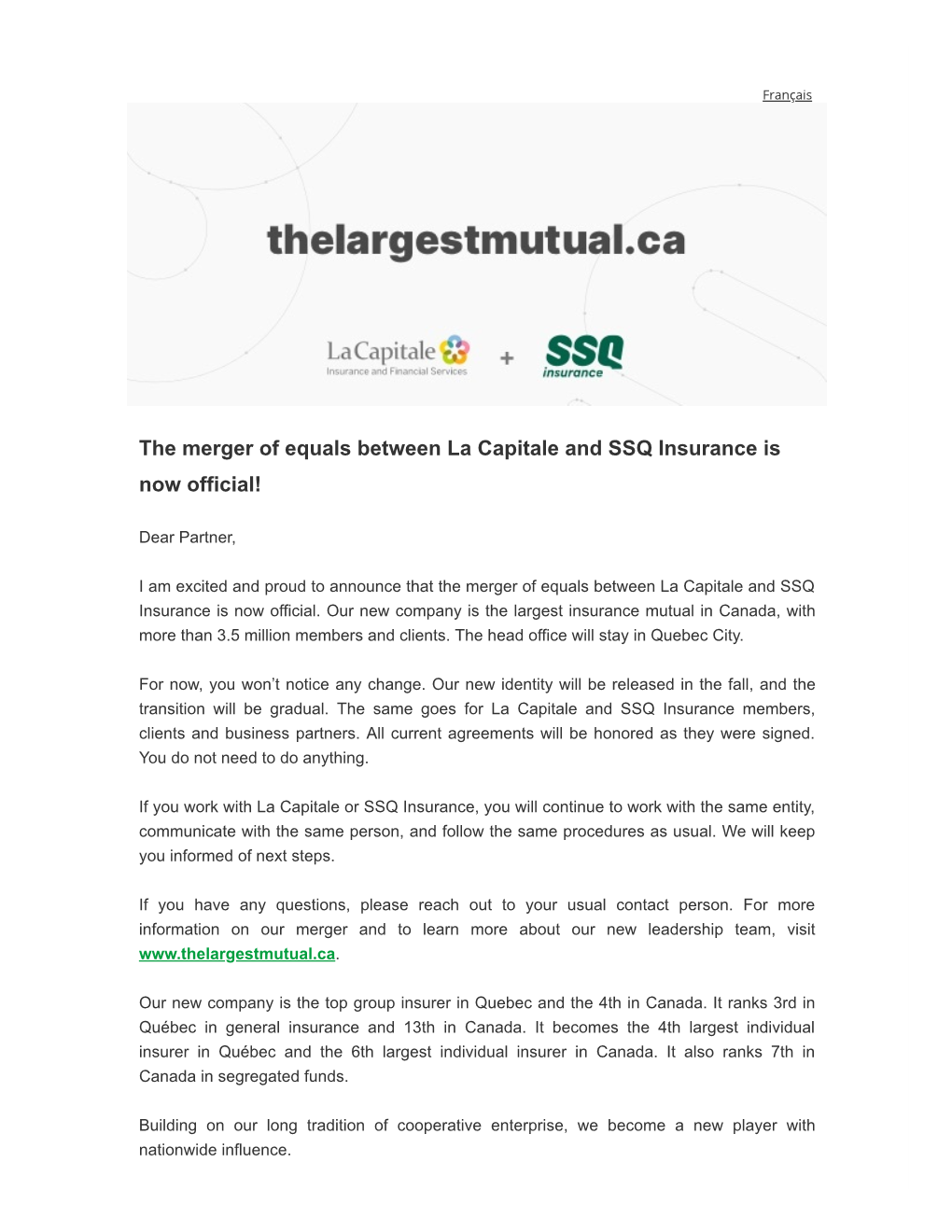 The Merger of Equals Between La Capitale and SSQ Insurance Is Now Official!