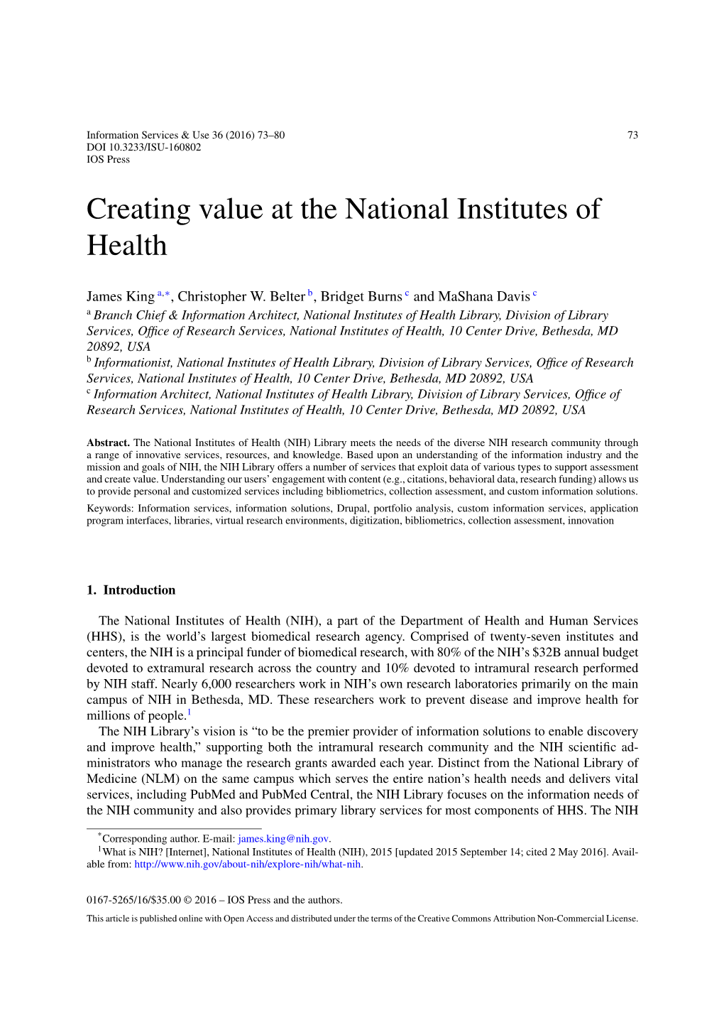 Creating Value at the National Institutes of Health