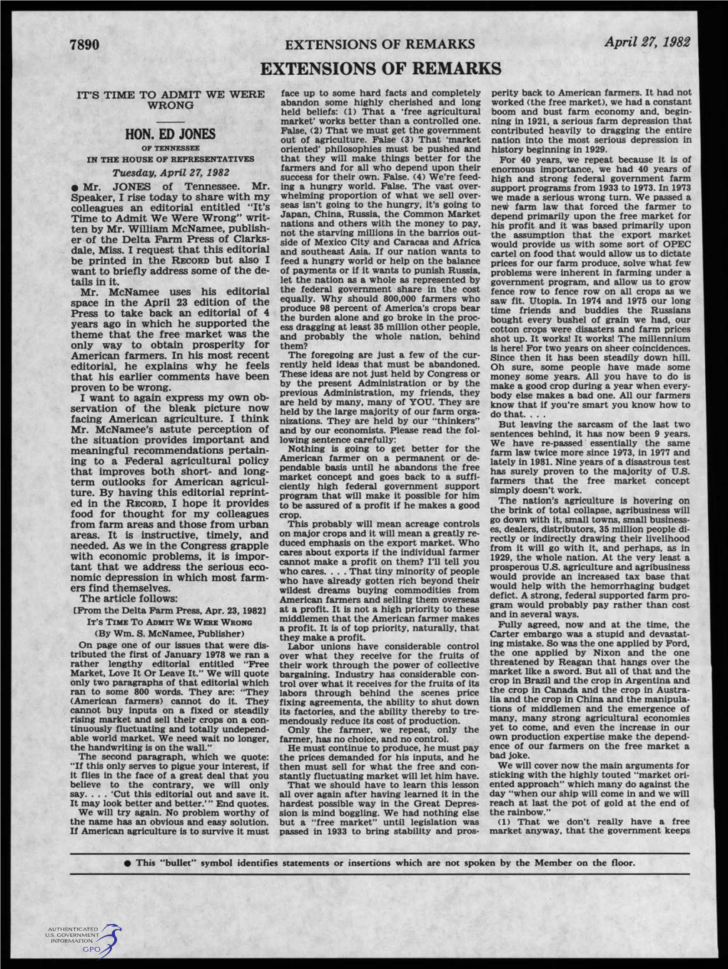 EXTENSIONS of REMARKS April 27, 1982 EXTENSIONS of REMARKS IT's TIME to ADMIT WE WERE Face up to Some Hard Facts and Completely Perity Back to American Farmers