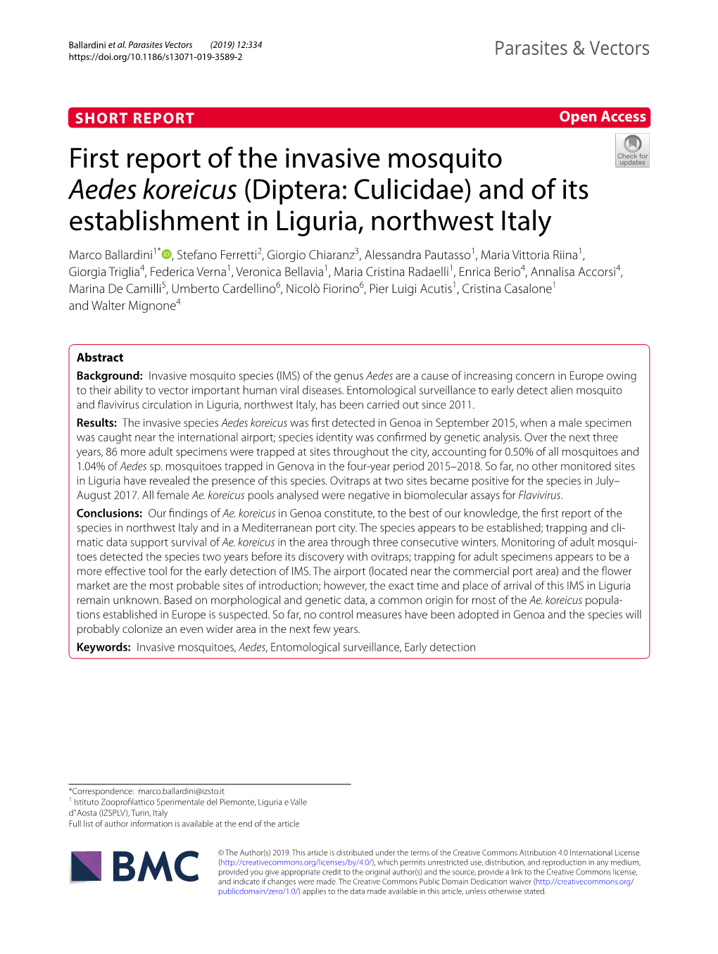 First Report of the Invasive Mosquito Aedes Koreicus (Diptera: Culicidae) and of Its Establishment in Liguria, Northwest Italy