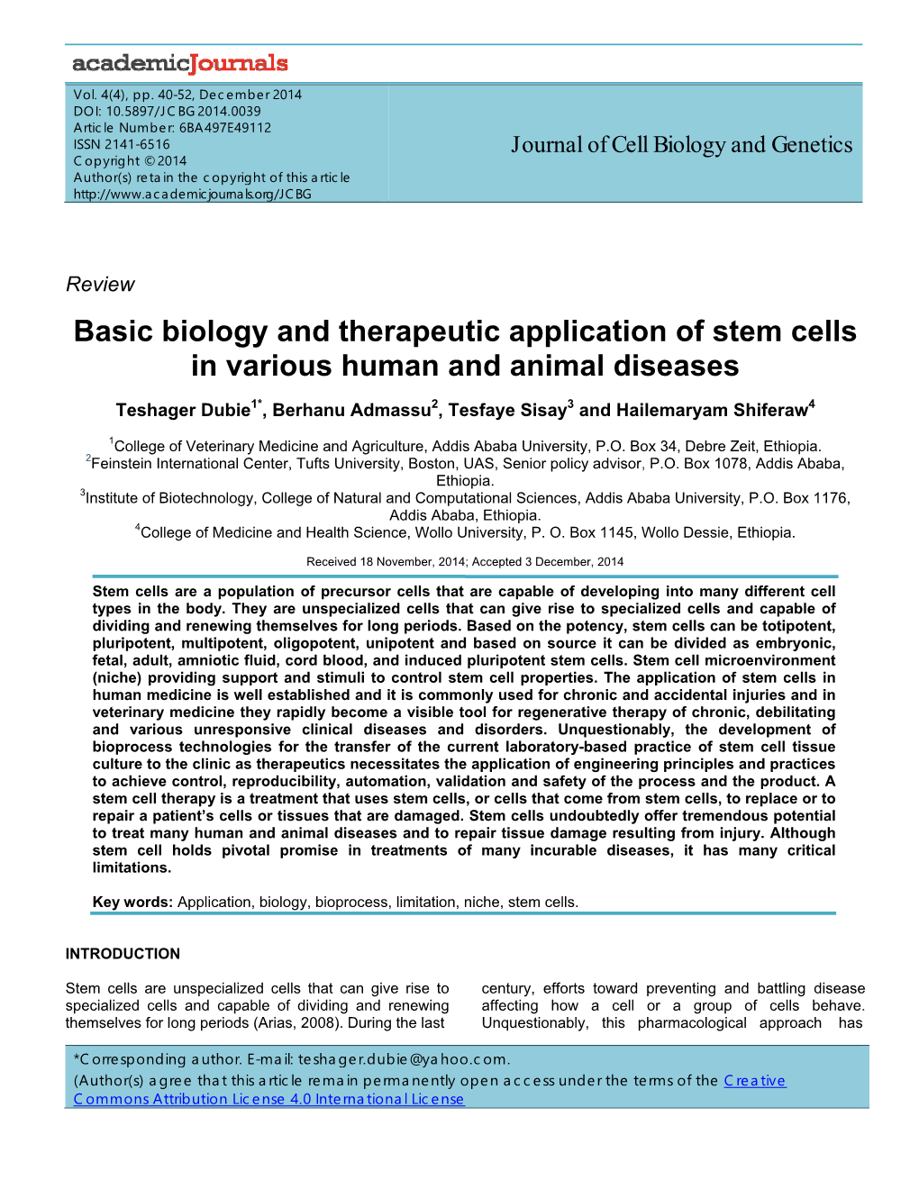 Basic Biology and Therapeutic Application of Stem Cells in Various Human and Animal Diseases