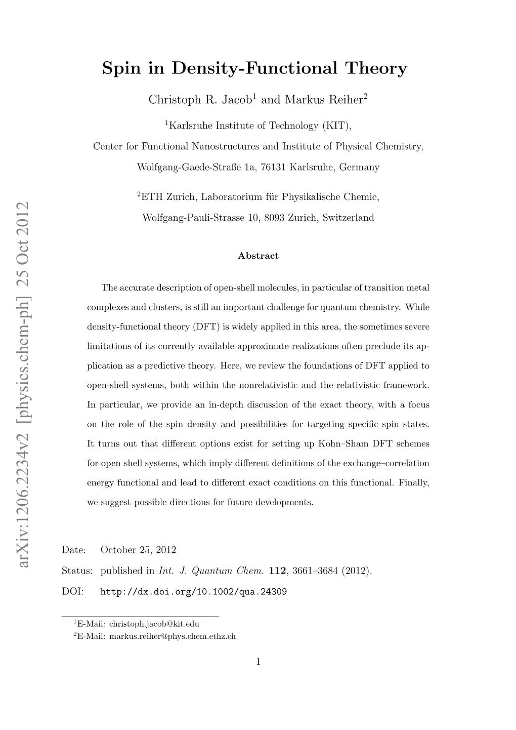 Spin in Density-Functional Theory Arxiv:1206.2234V2 [Physics.Chem-Ph] 25 Oct 2012