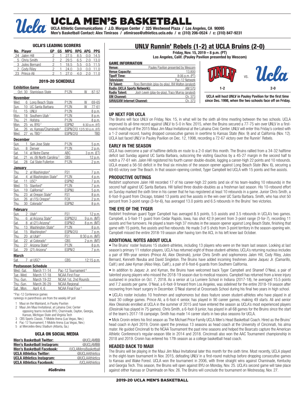 UCLA Men's Basketball UCLA’Sucla SEASON/Careerseason/Career Statistics (As of Nov 10, STATS 2019) 2019-20All Gamesroster