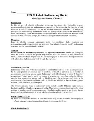 EPS 50 Lab 4: Sedimentary Rocks Grotzinger and Jordan, Chapter 5