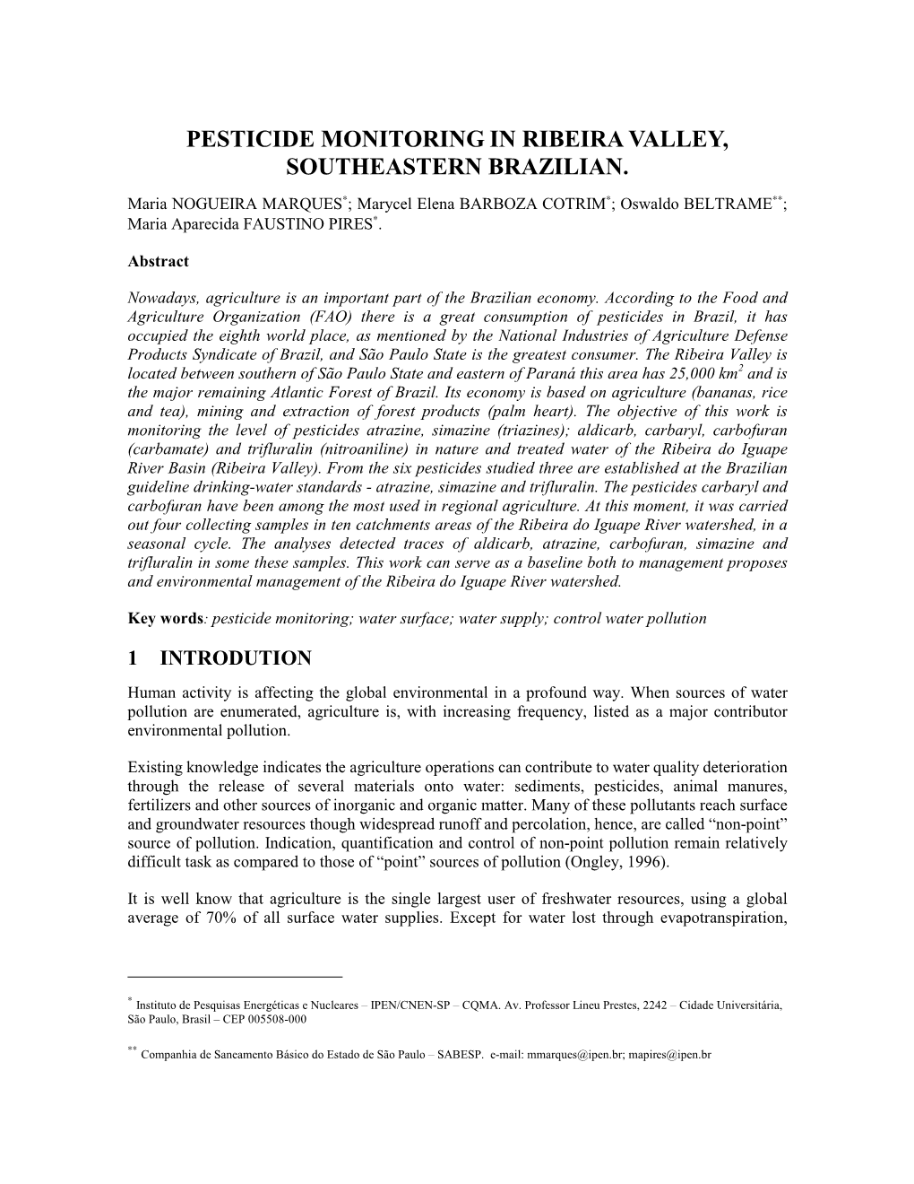 Pesticide Monitoring in Ribeira Valley, Southeastern Brazilian