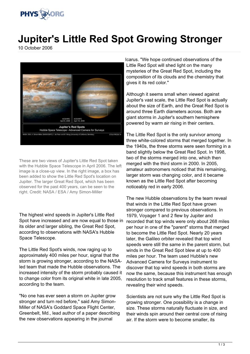 Jupiter's Little Red Spot Growing Stronger 10 October 2006
