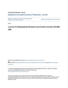 Journal of Undergraduate Research and Creative Activity VOLUME ONE