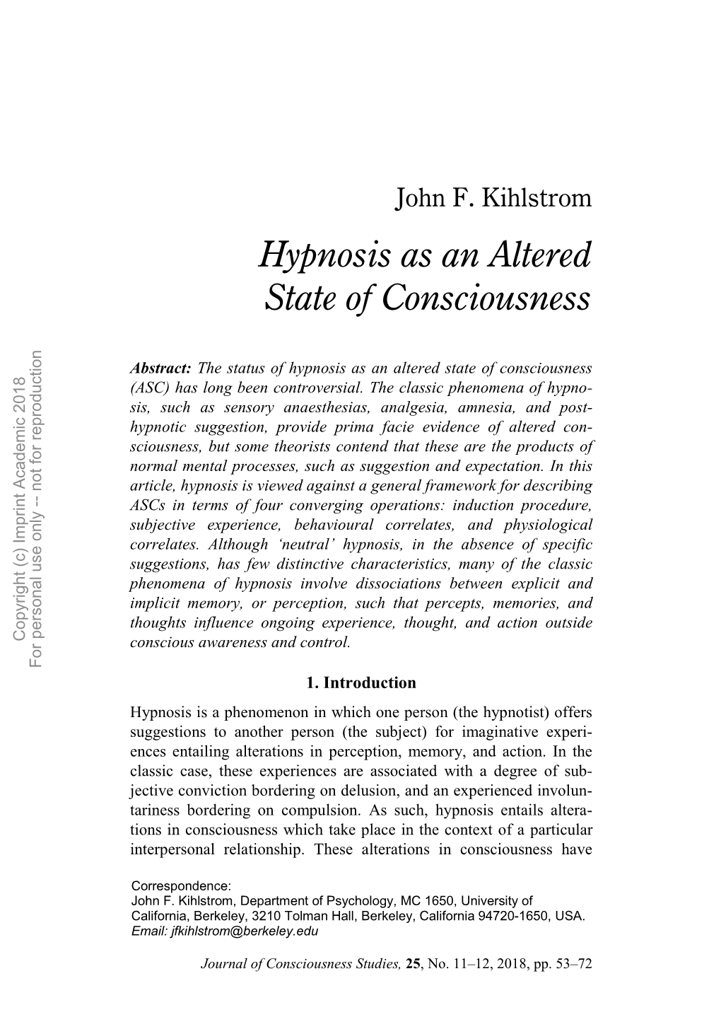 Hypnosis As an Altered State of Consciousness