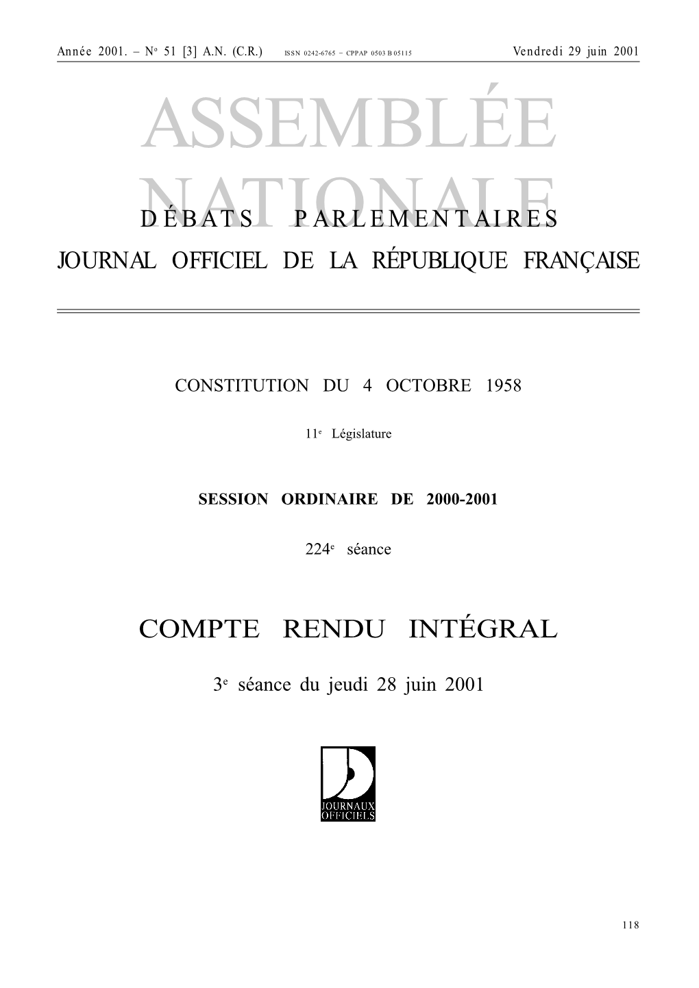 ASSEMBLÉE NATIONALE – 3E SÉANCE DU 28 JUIN 2001