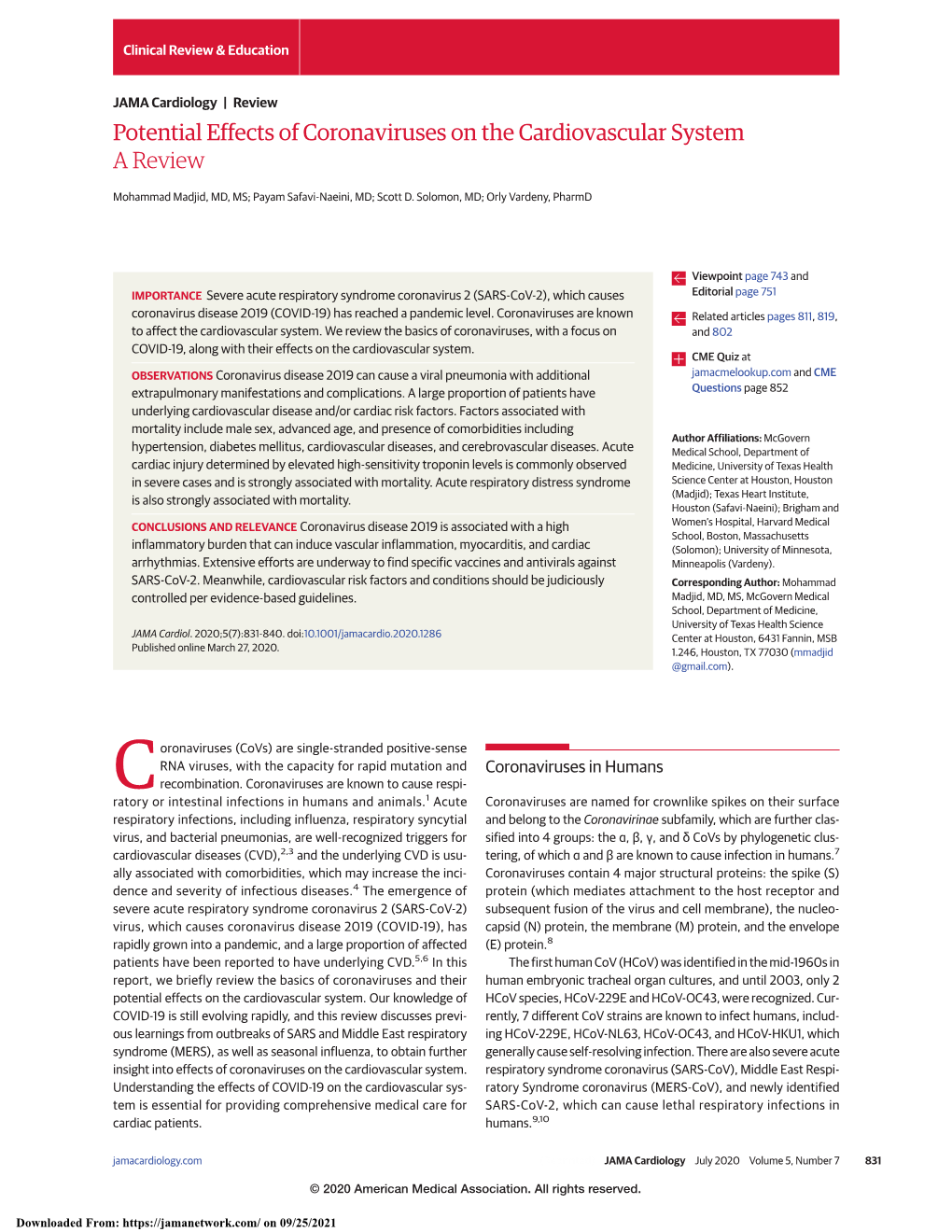 Potential Effects of Coronaviruses on the Cardiovascular System a Review