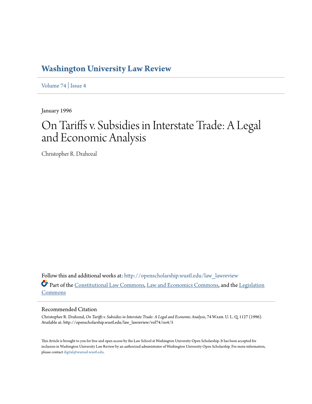 On Tariffs V. Subsidies in Interstate Trade: a Legal and Economic Analysis Christopher R