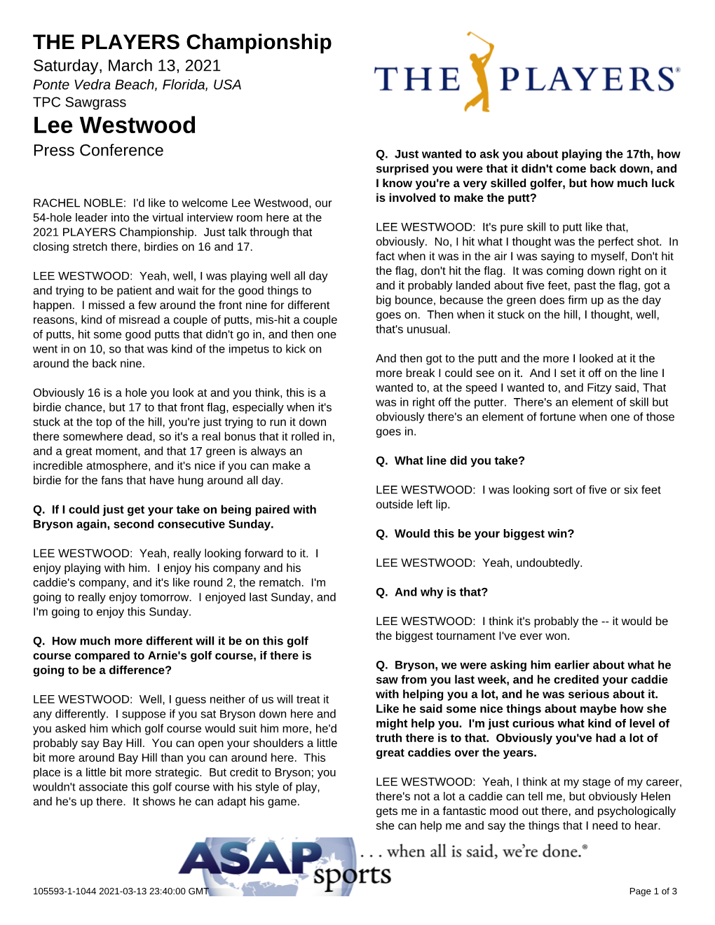 Lee Westwood Press Conference Q