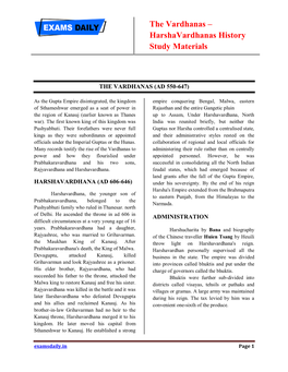 The Vardhanas – Harshavardhanas History Study Materials