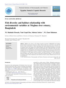 Fish Diversity and Habitat Relationship with Environmental Variables at Meghna River Estuary, Bangladesh
