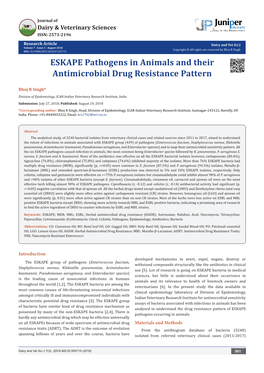 ESKAPE Pathogens in Animals and Their Antimicrobial Drug Resistance Pattern