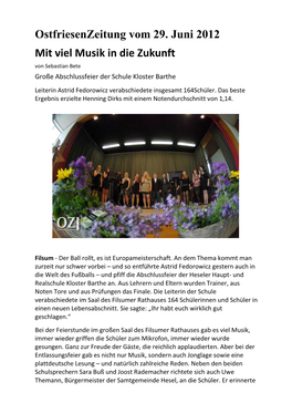 Ostfriesenzeitung Vom 29. Juni 2012 Mit Viel Musik in Die Zukunft