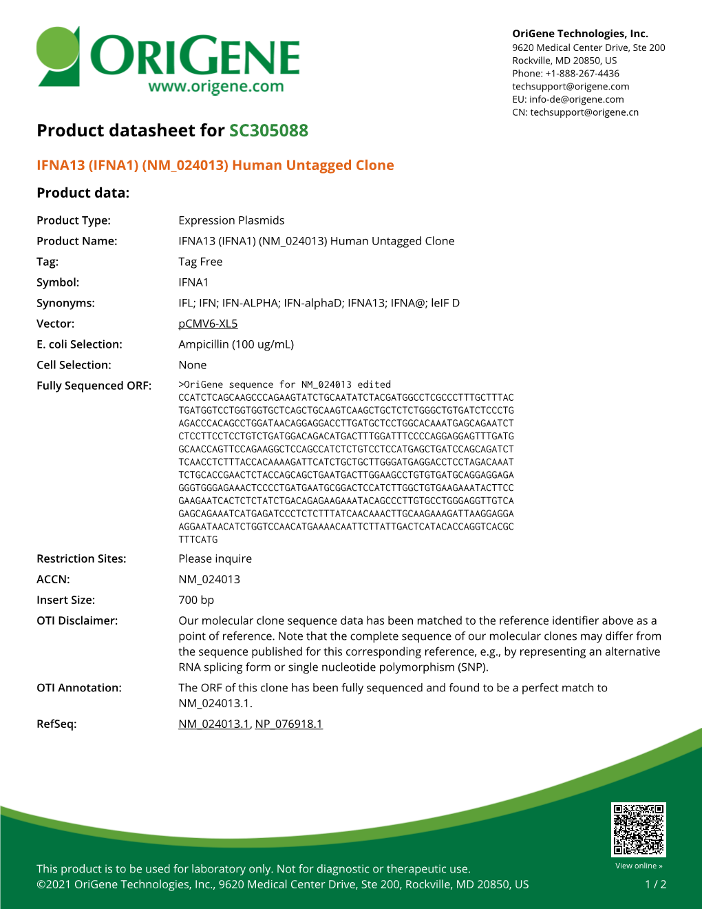 IFNA13 (IFNA1) (NM 024013) Human Untagged Clone Product Data