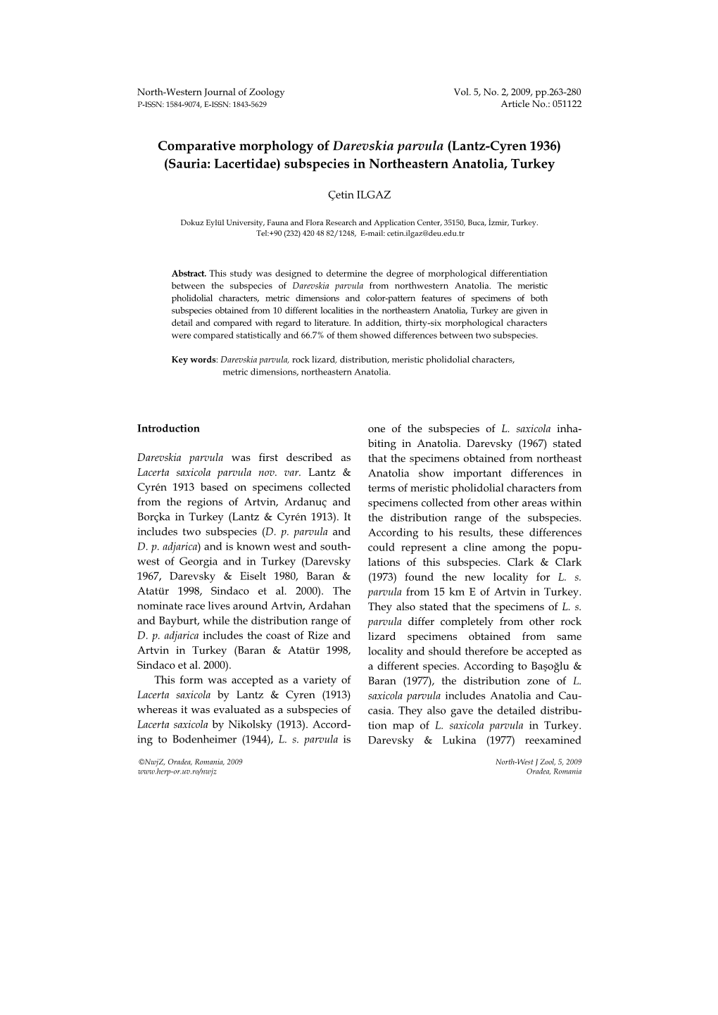 Comparative Morphology of Darevskia Parvula (Lantz-Cyren 1936) (Sauria: Lacertidae) Subspecies in Northeastern Anatolia, Turkey