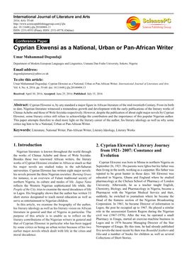 Cyprian Ekwensi As a National, Urban Or Pan-African Writer