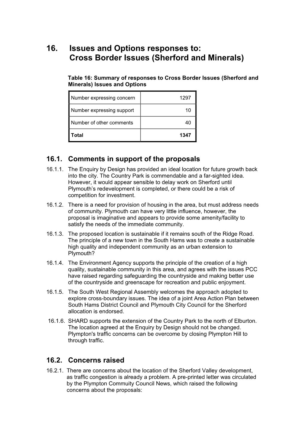 16. Issues and Options Responses To: Cross Border Issues (Sherford and Minerals)