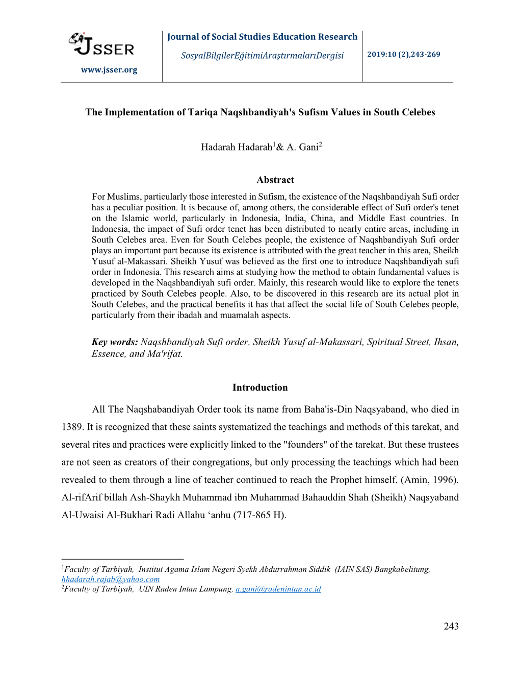 243 the Implementation of Tariqa Naqshbandiyah's Sufism Values In