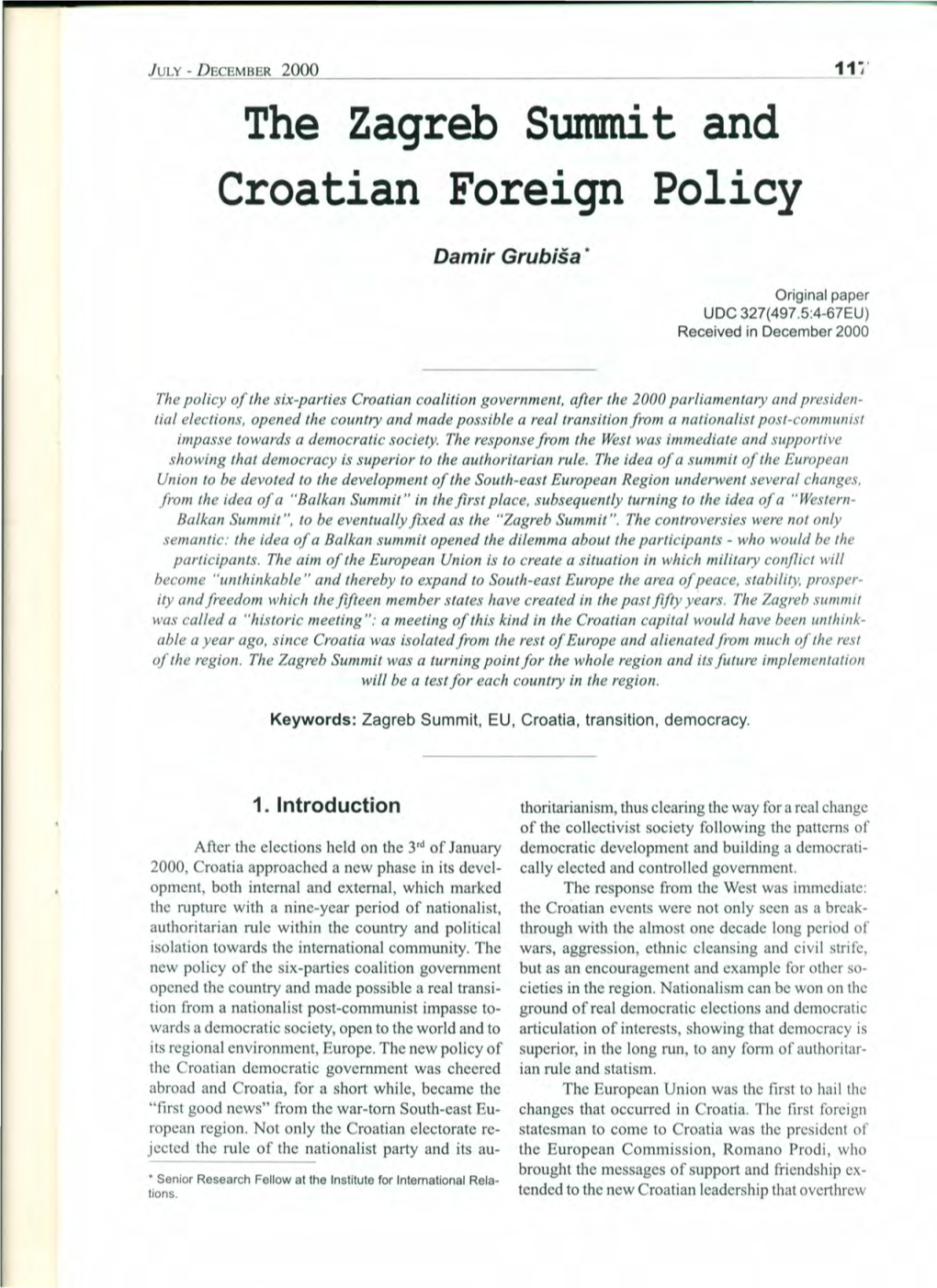 The Zagreb Summit and Croatian Foreign Policy