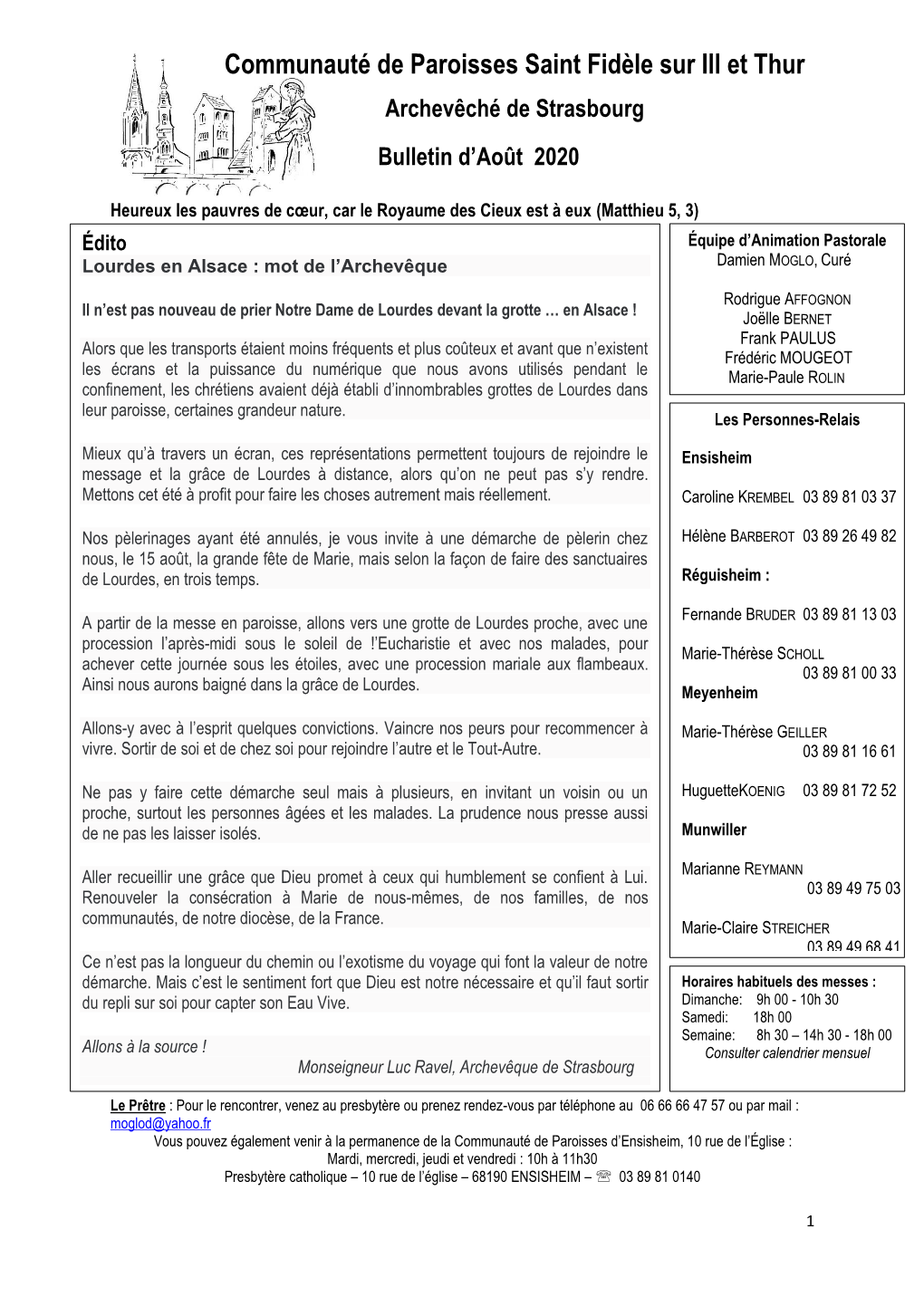 Communauté De Paroisses Saint Fidèle Sur Ill Et Thur Archevêché De Strasbourg Bulletin D’Août 2020