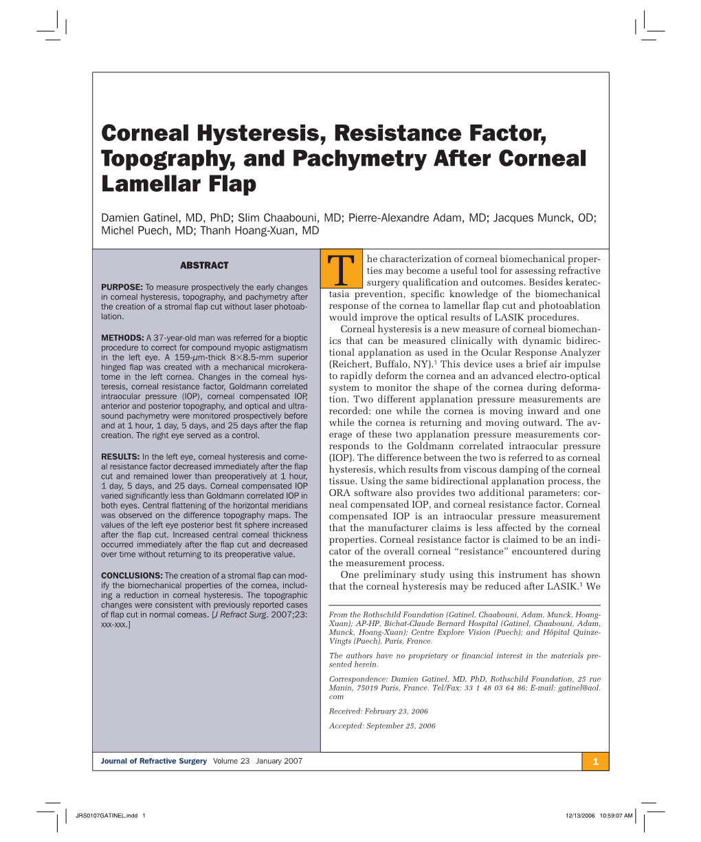 Corneal Hysteresis, Resistance Factor, Topography, and Pachymetry After Corneal Lamellar Flap