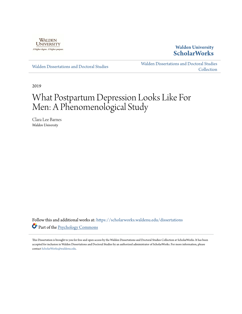 What Postpartum Depression Looks Like for Men: a Phenomenological Study Clara Lee Barnes Walden University