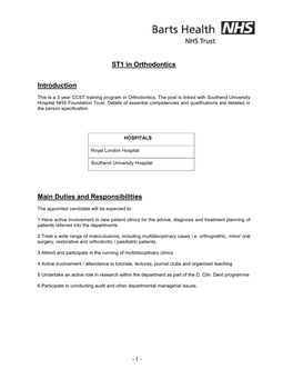 ST1 in Orthodontics Introduction Main Duties and Responsibilities