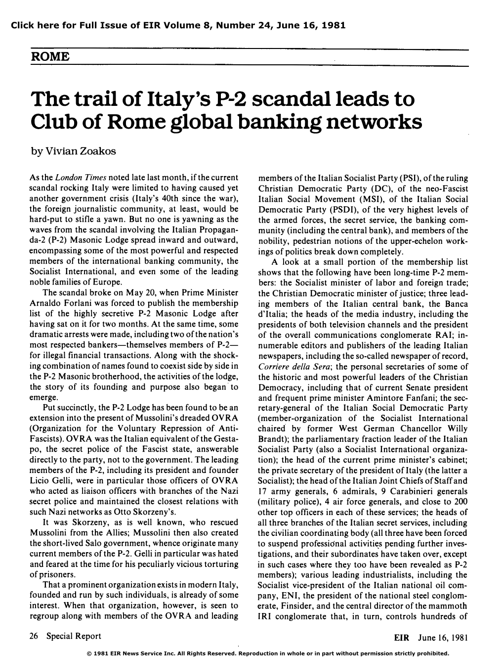 The Trail of Italy's P-2 Scandal Leads to Club of Rome Global Banking Networks