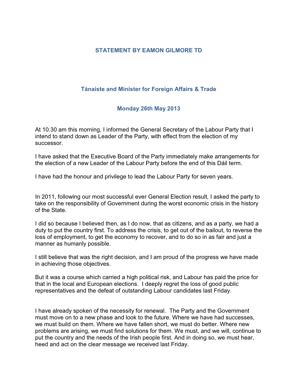 STATEMENT by EAMON GILMORE TD Tánaiste and Minister For