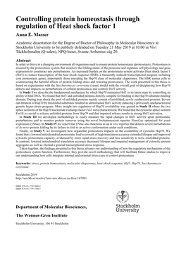 Controlling Protein Homeostasis Through Regulation of Heat Shock Factor 1 Anna E