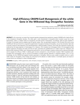 High-Efficiency CRISPR/Cas9 Mutagenesis of the White Gene in the Milkweed Bug Oncopeltus Fasciatus