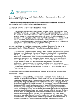 Iran – Researched and Compiled by the Refugee Documentation Centre of Ireland on 5 August 2011