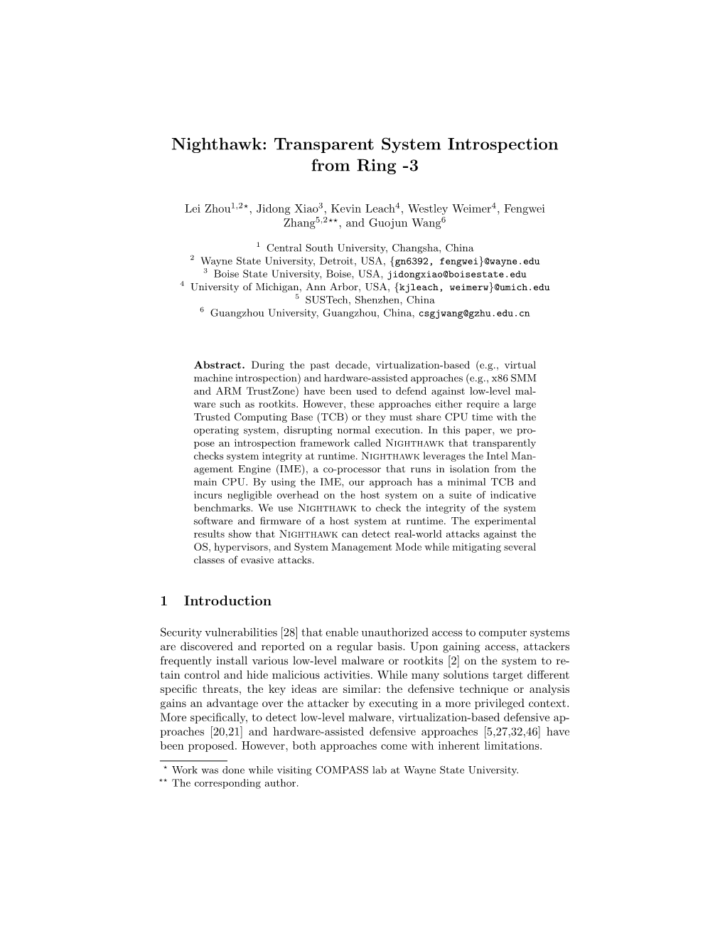 Nighthawk: Transparent System Introspection from Ring -3