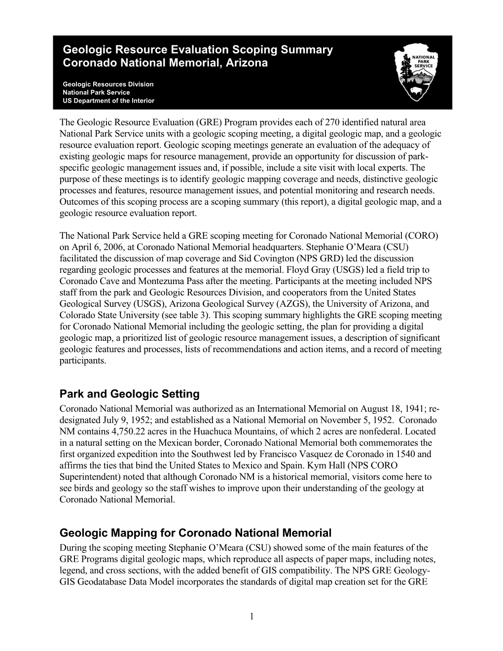 Geologic Resource Evaluation Scoping Summary Coronado National Memorial, Arizona