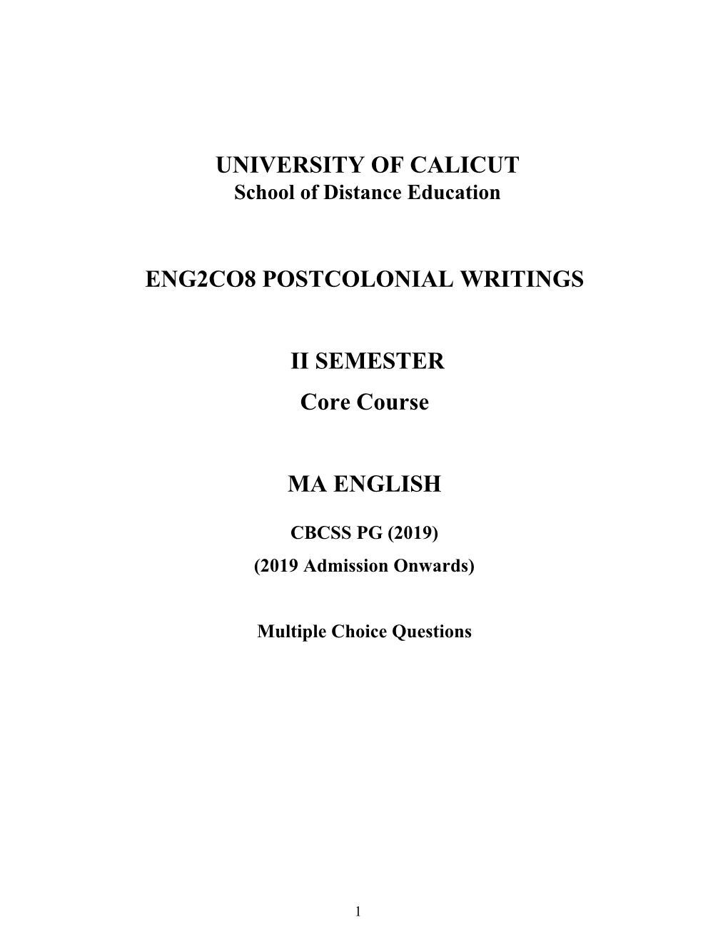 ENG2CO8 POSTCOLONIAL WRITINGS II SEMESTER Core