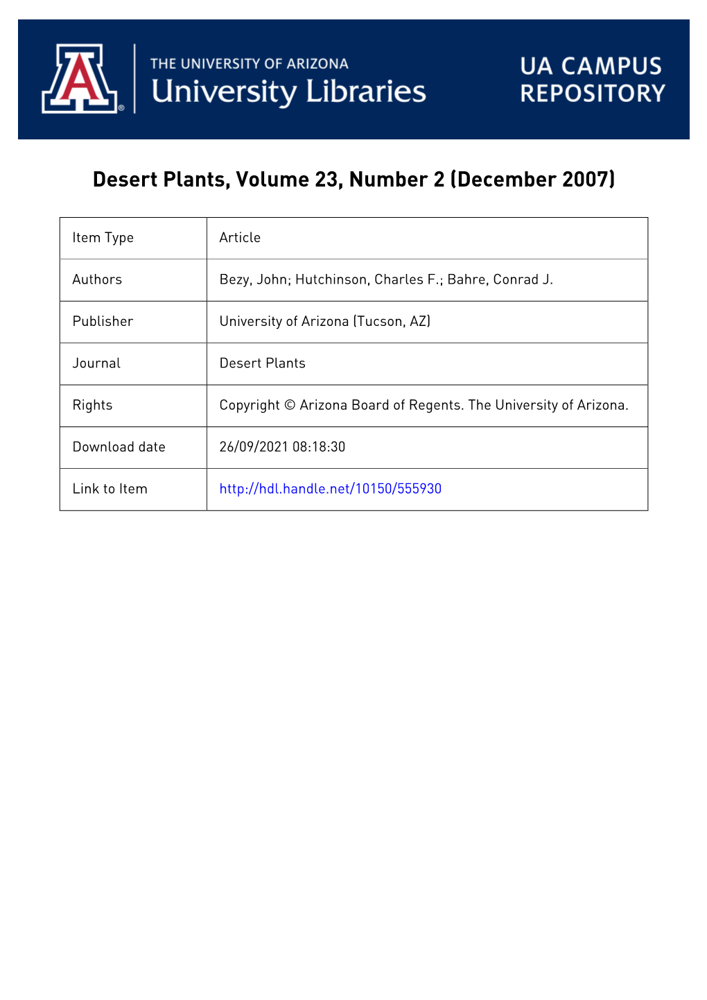 Desert Plants, Volume 23, Number 2 (December 2007)