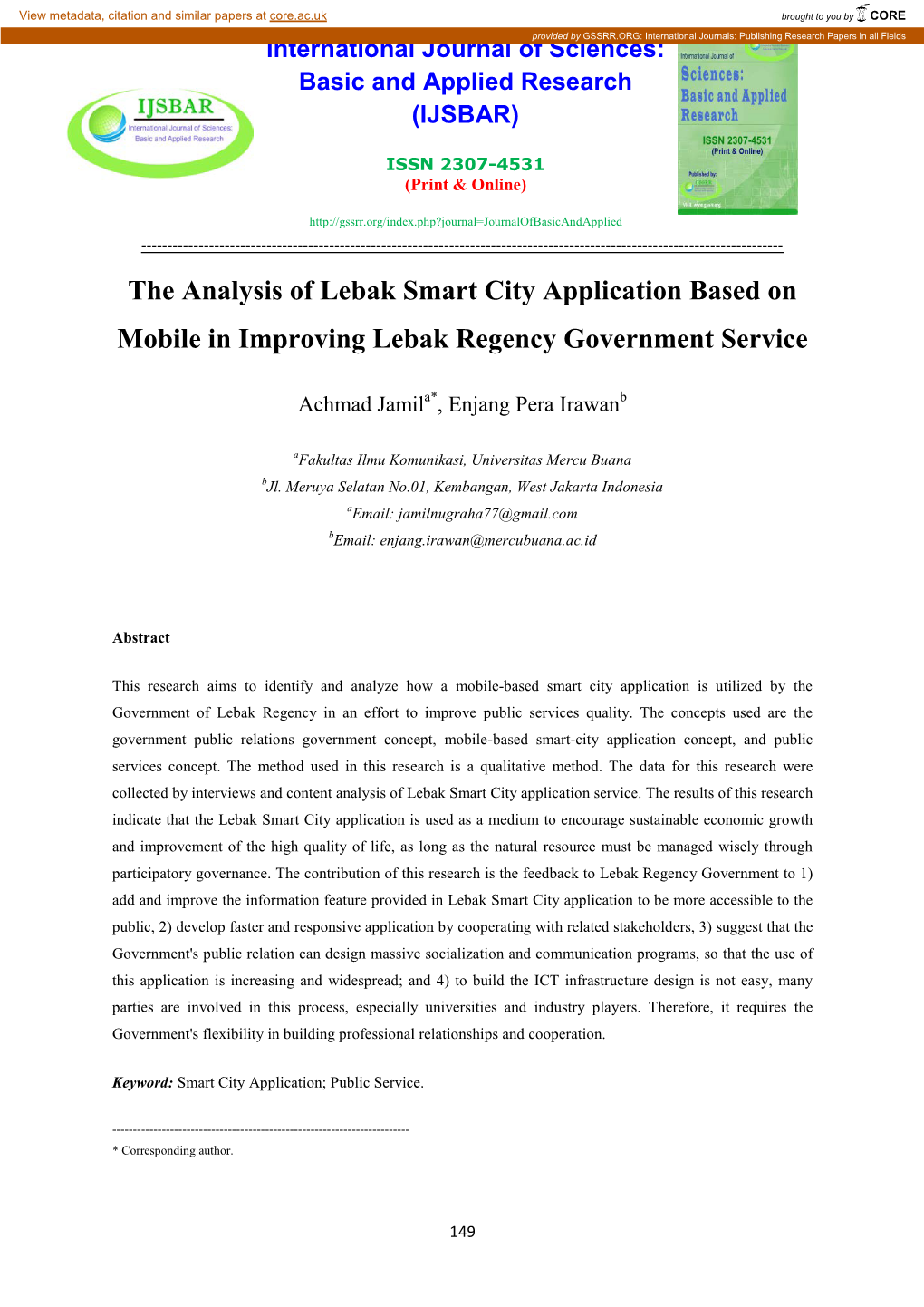 The Analysis of Lebak Smart City Application Based on Mobile in Improving Lebak Regency Government Service