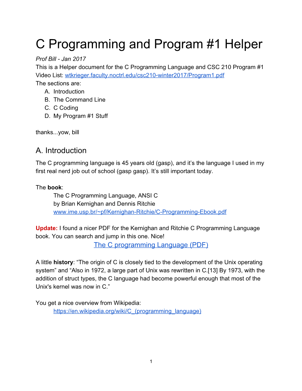 C Programming and Program #1 Helper