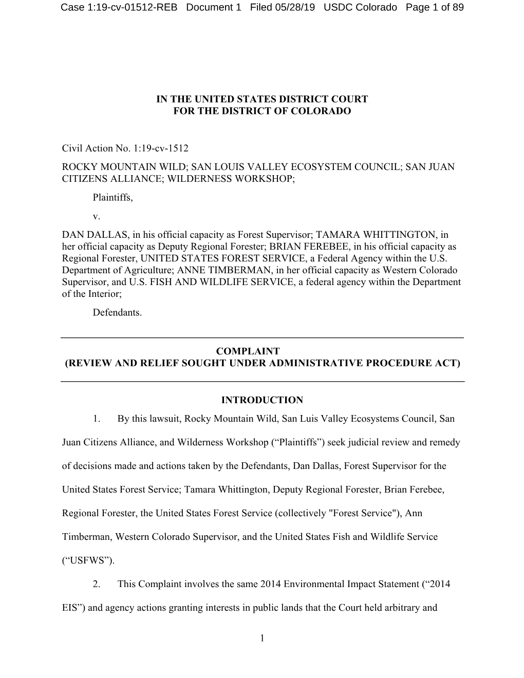 Case 1:19-Cv-01512-REB Document 1 Filed 05/28/19 USDC Colorado Page 1 of 89