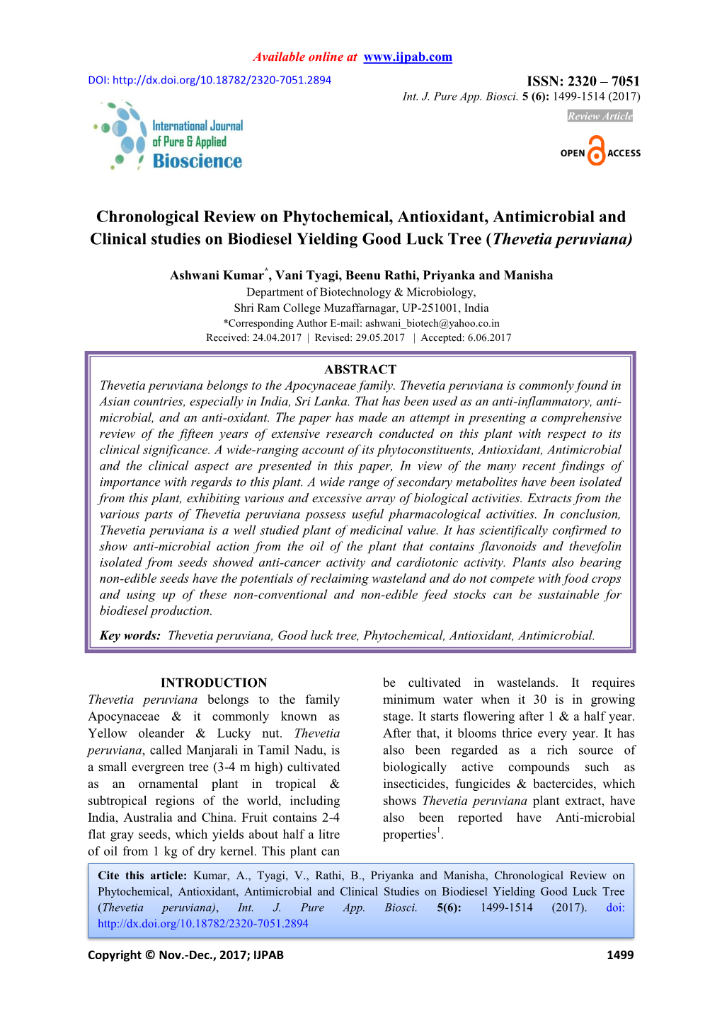 Chronological Review on Phytochemical, Antioxidant, Antimicrobial and Clinical Studies on Biodiesel Yielding Good Luck Tree (Thevetia Peruviana)