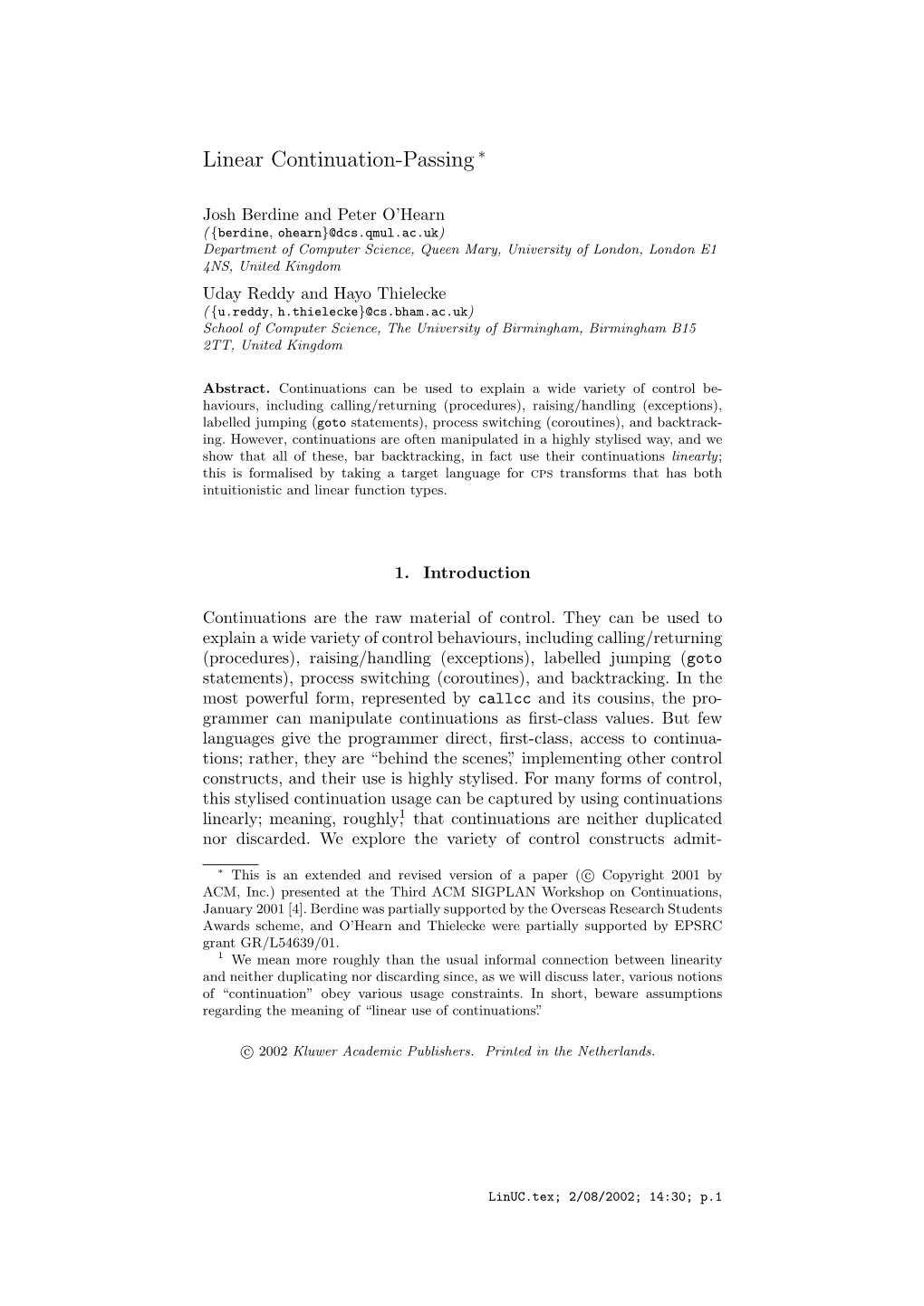 Linear Continuation-Passing ∗