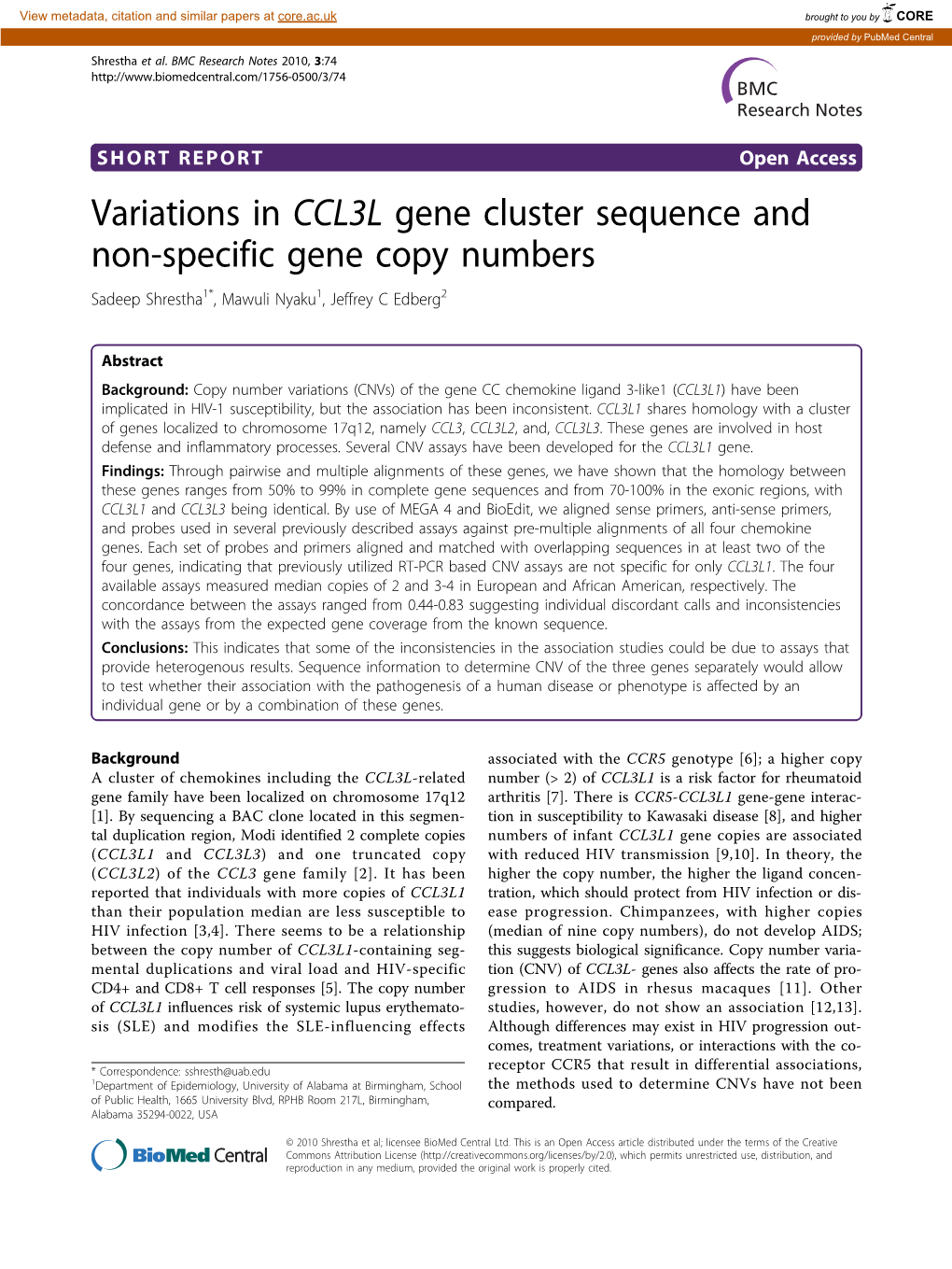 Variations in CCL3L Gene Cluster Sequence and Non-Specific Gene Copy Numbers Sadeep Shrestha1*, Mawuli Nyaku1, Jeffrey C Edberg2