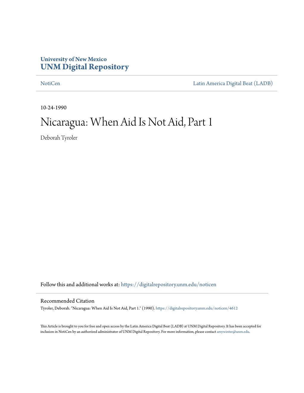 Nicaragua: When Aid Is Not Aid, Part 1 Deborah Tyroler