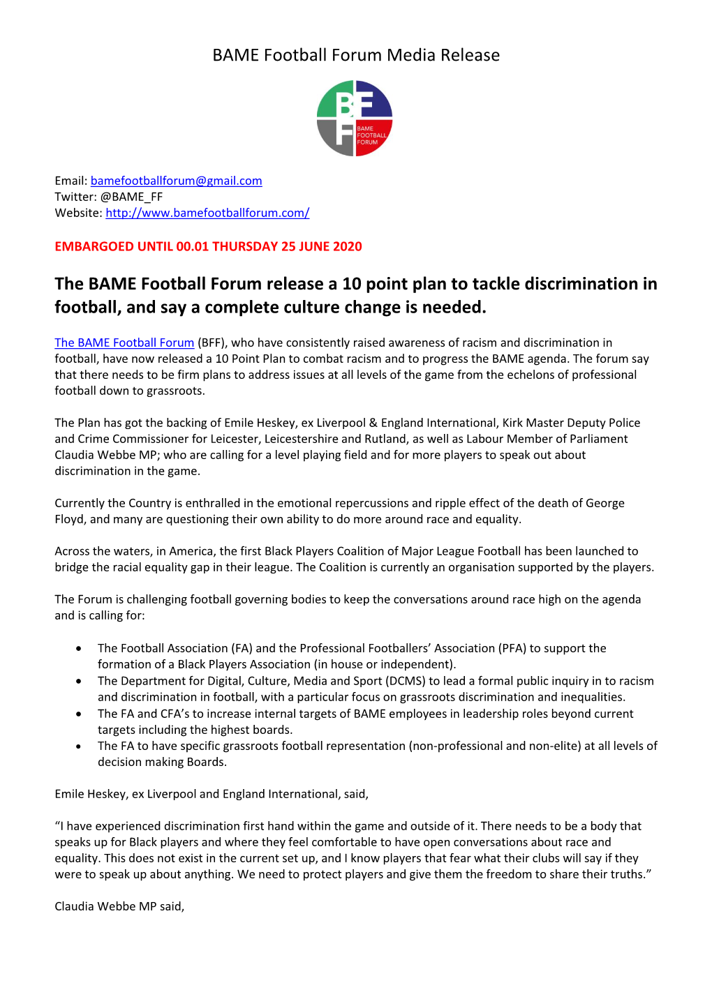 BFF 10 Point Plan Media Release