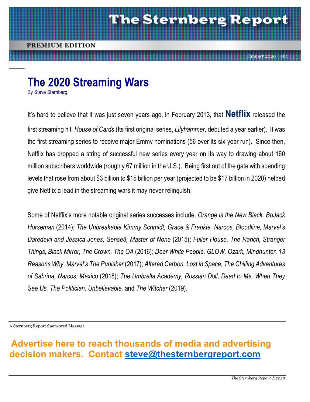 The 2020 Streaming Wars by Steve Sternberg