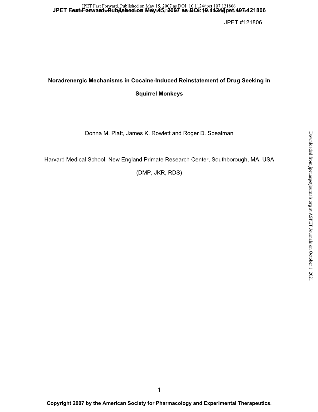 JPET #121806 Noradrenergic Mechanisms in Cocaine-Induced