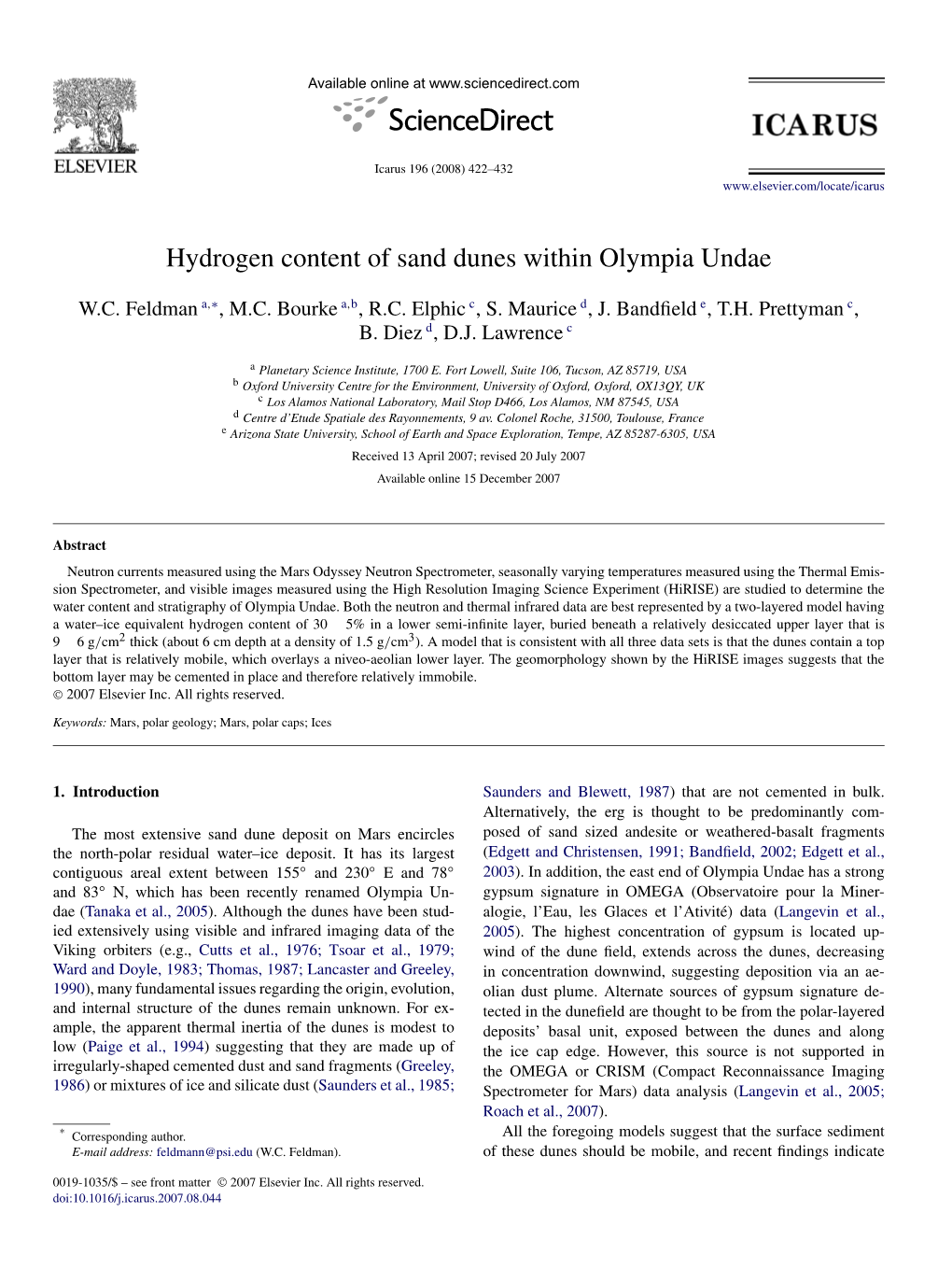 Hydrogen Content of Sand Dunes Within Olympia Undae